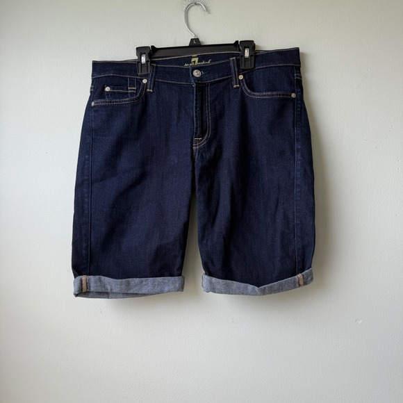 7 For All Mankind Womens Denim Bermuda Shorts Dark Wash‎ Size 32 - Picture 1 of 5